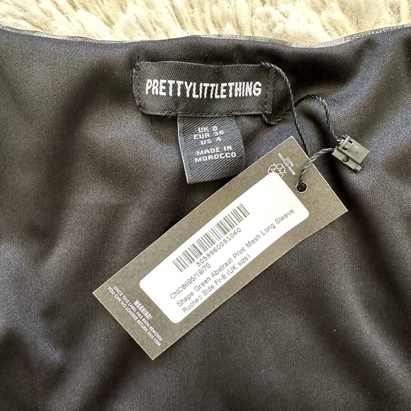 *NWT* Pretty Little Thing Green Long Sleeve Mesh Mini Side Ruched Dress US Sz 4 - Picture 4 of 11